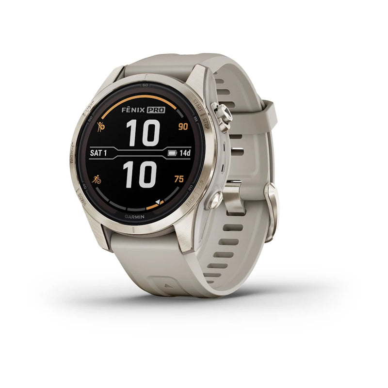 Garmin Fēnix® 7S Pro – Sapphire Solar Edition 42mm-Soft Gold with Light Sand Band-Optics Force