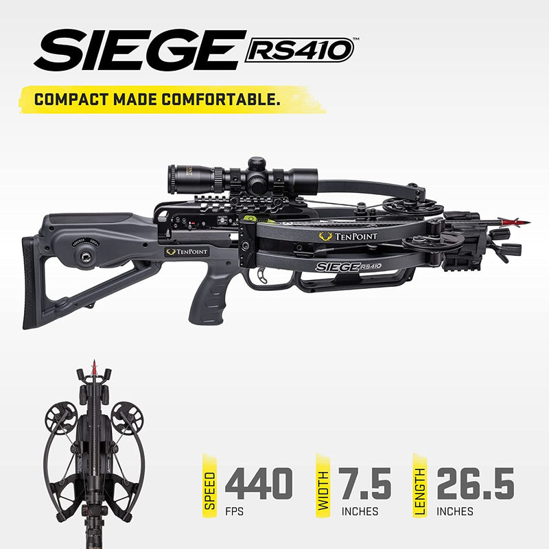 TenPoint Siege RS410 Crossbow - 410 FPS - Equipped with RangeMaster Pro Variable Speed Scope + ACUslide Cocking & De-Cocking System - Reverse-Draw Design with Full 13.5” Power Stroke-Optics Force